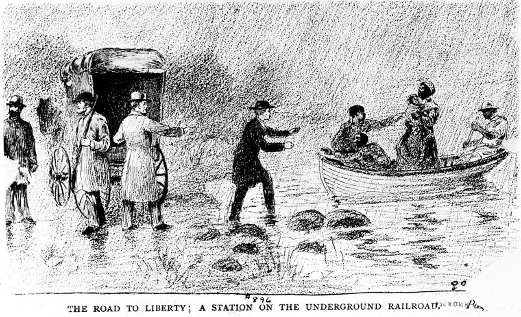 A conductor on shore reaches out toward a rowboat carrying an arriving family; a covered carriage and waiting helpers stand at left, in a 19th-century pen-and-ink Underground Railroad scene.