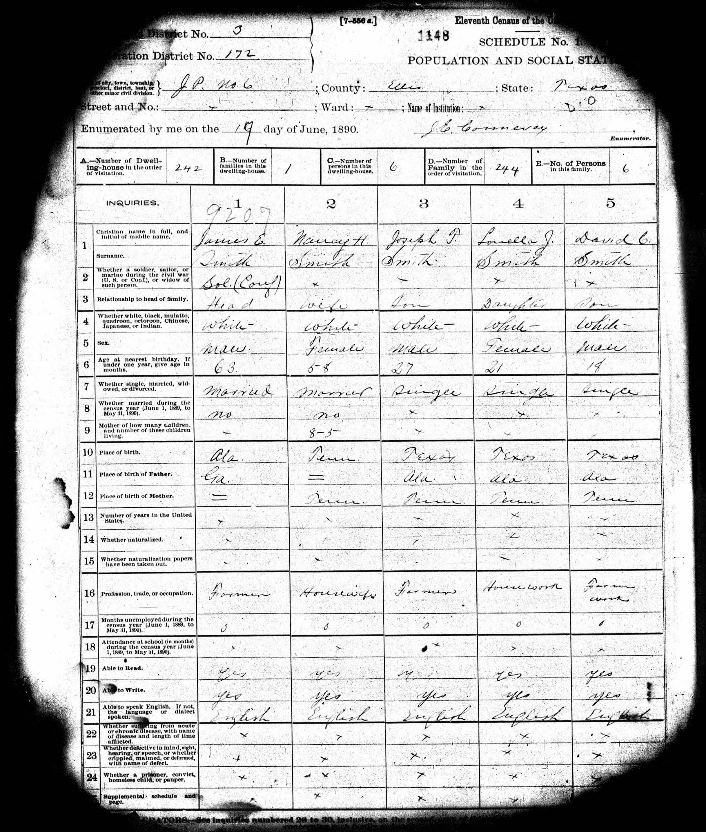 A surviving 1890 U.S. Census page recording the Smith family of Ellis County, Texas. Inquiry 4 reads "Whether white, black, mulatto, quadroon, octoroon, Chinese, Japanese, or Indian." All five family members are entered as "White."