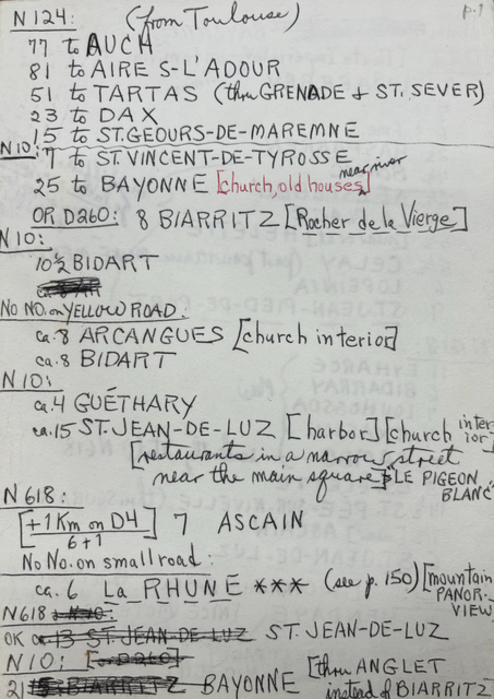 N124: (from Toulouse)
77 to AUCH
81 to AIRE S-L’ADOUR
51 to TARTAS (thru GRENADE & ST. SEVER)
23 to DAX
15 to ST. GEOURS-DE-MAREMNE
_____________________________________________________________
N10:
7 to ST. VINCENT-TE-TYROSSE
25 to BAYONNE [church, old houses, near river]
OR D260: 8 BIARRITZ [Rocher de le Vierge]
N10:
10½ BIDART
ca.8 AR
NO NO. on YELLOW ROAD: 
ca.8 ARCANGUES [church interior]
ca. BIDART
N10:
ca.4 GUĒTHARY
ca. 15 ST. JEAN-DE-LUZ [harbor] [church interior]
 [restaurants in a narrow street
 Near the main square] “LE PIGEON BLANC”
N618: 
[+ 1Km on D4] 7 ASCAIN
 6 + 1
No No. on small road: 
ca. 6 L a R H U N E *** (see p.150) [mountain PANOR VIEW]
N618& N10:
OK ca.13 ST. JEAN-DE-LUZ ST. JEAN-DE-LUZ
N10: [OR d260]
21 15: BIARRITZ  BAYONNE [thru ANGLET 
     instead of BIARRITZ]
