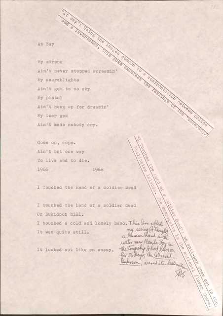 183

[*”At Bay”: Using the images common to a confrontation between police and a lawbreaker, this poem examines the feelings of the “underdog”.*]

At Bay

My sirens
Ain’t never stopped screamin’
My searhlights
Ain’t got to no sky
My pistol
Ain’t hung up for dreamin’
My tear gas
Ain’t made nobody cry.

Come on, cops.
Ain’t but one way
To live and to die.
1966
1968

183

[*I Touched the Hand of a Solider Dead: an anti-war poem set in the Philippine Islands. The sampaguita is the national flower there.*]

I touched the hand of a solider dead
On Bukidnon hill.
I touched a cold and lonely hand. [*This line reflects my seeing (I thought) a human hand in the water near Manila Bay as the troopship I had been on for 36 days, the General Anderson, neared its destination*]
It was quite still.

It looked not like an enemy,

