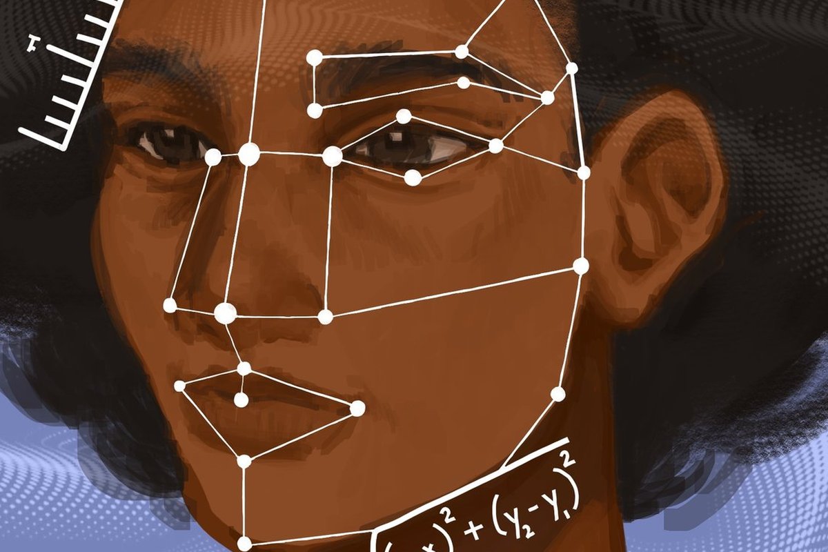 A dark-skinned face overlaid with white facial-recognition landmark points, a measurement ruler, and a mathematical distance formula.