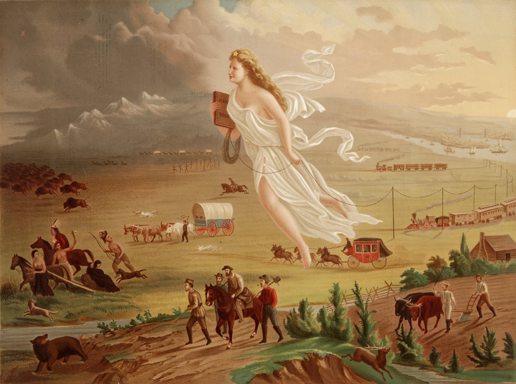 An allegorical woman in a flowing white robe floats westward across the continent, a star on her forehead, a schoolbook under one arm and telegraph wire trailing from her hand; settlers, wagons, stagecoaches, and trains follow from the bright eastern sky at right, while Native people, bison, and wild horses flee into the darkness at left.