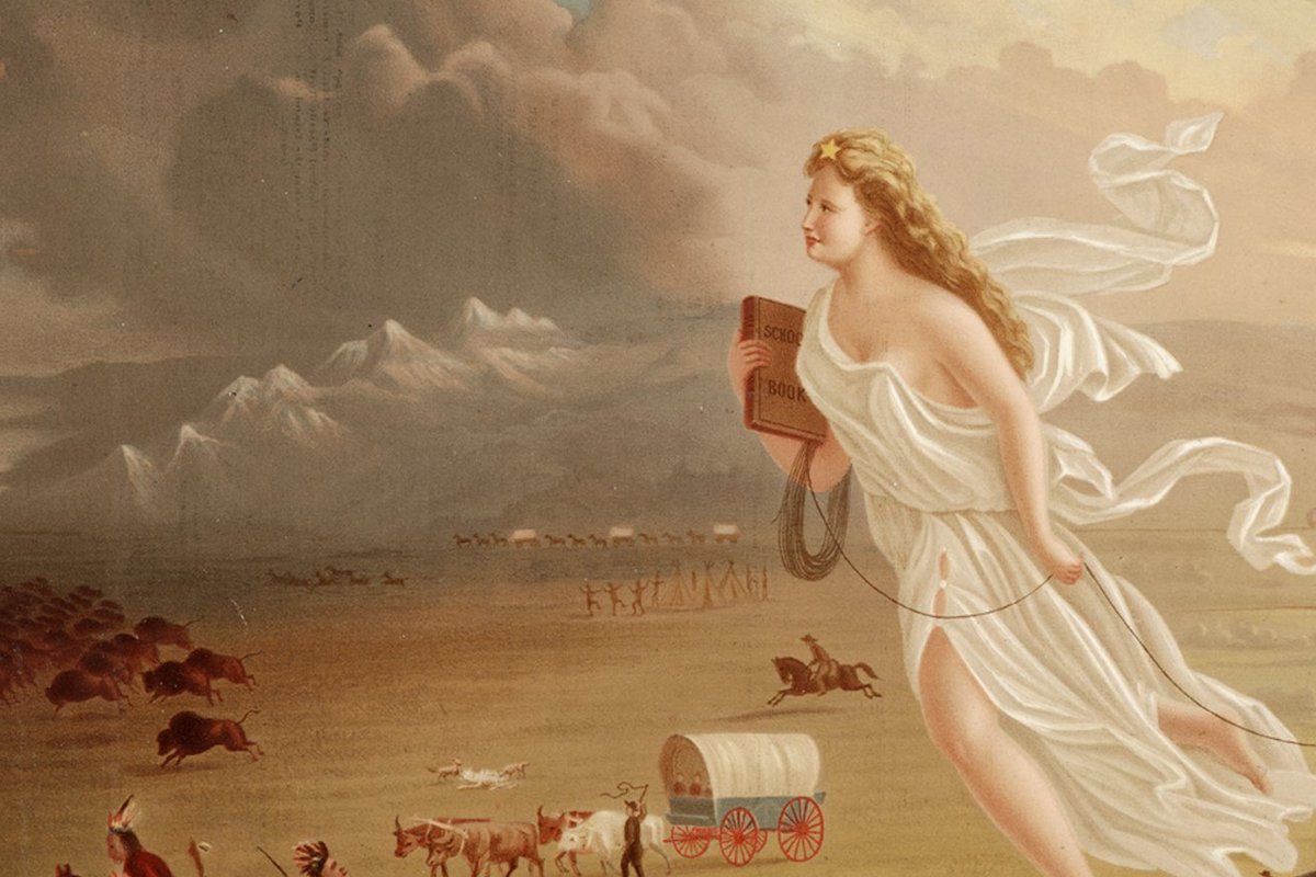 A blonde allegorical woman in white floats westward over an 1870s American plains scene, holding a schoolbook and trailing telegraph wire.
