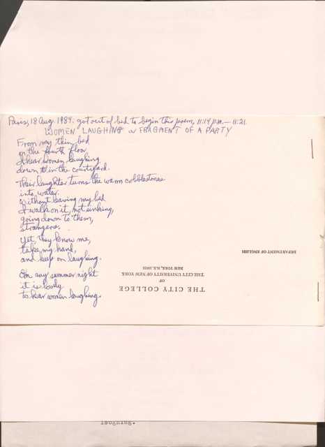 Paris, 18 Aug., 1984. Got out of bed to begin this poem, 11:14 p.m—11:21

WOMEN LAUGHING or FRAGMENT OF A PARTY

From my thin bed
on the fourth floor
I hear women laughing
down in the courtyard. 

Their laughter turns the warm cobblestones
into water.
Without leaving my bed
I walk on it, not sinking,
going down to them, strangers.
Yet, they know me,
take my hand,
and keep on laughing.

On any summer night
it is lovely
to hear women laughing.
