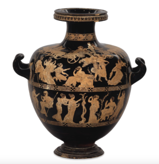 A Grecian urn signed by Meidias as the potter. The scene depicted on one level of the vase is the the carrying off of the Leukippides. There are chariots depicted, as well as a central figure leaning upon what appears to be a damaged pedestal. The scene depicts an uproar. Directly below is a a much calmer, more reposed depiction of Heracles in the garden of the Hesperides. 