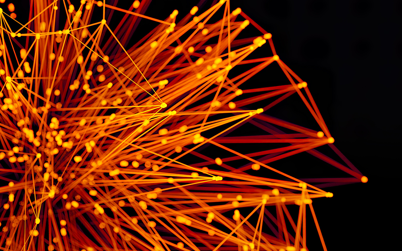 A set of small orange LED lights whose nodes and wires suggest a network array. 