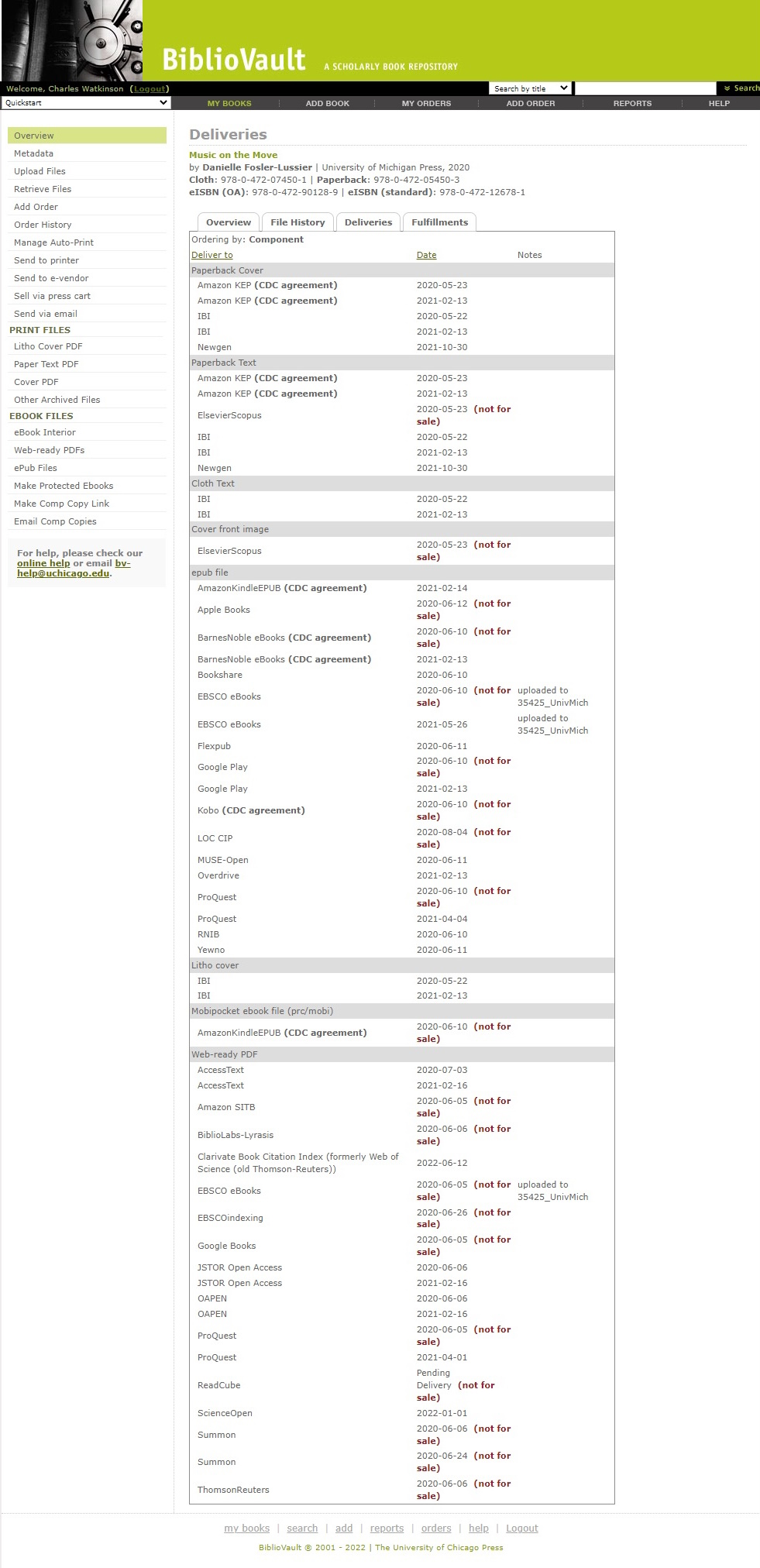 Framed by a green “BiblioVault” banner (top) and a utility menu (left) is a long table. The first column, headed “Deliver to,” lists vendors such as Amazon. The second column shows the date of each file delivery