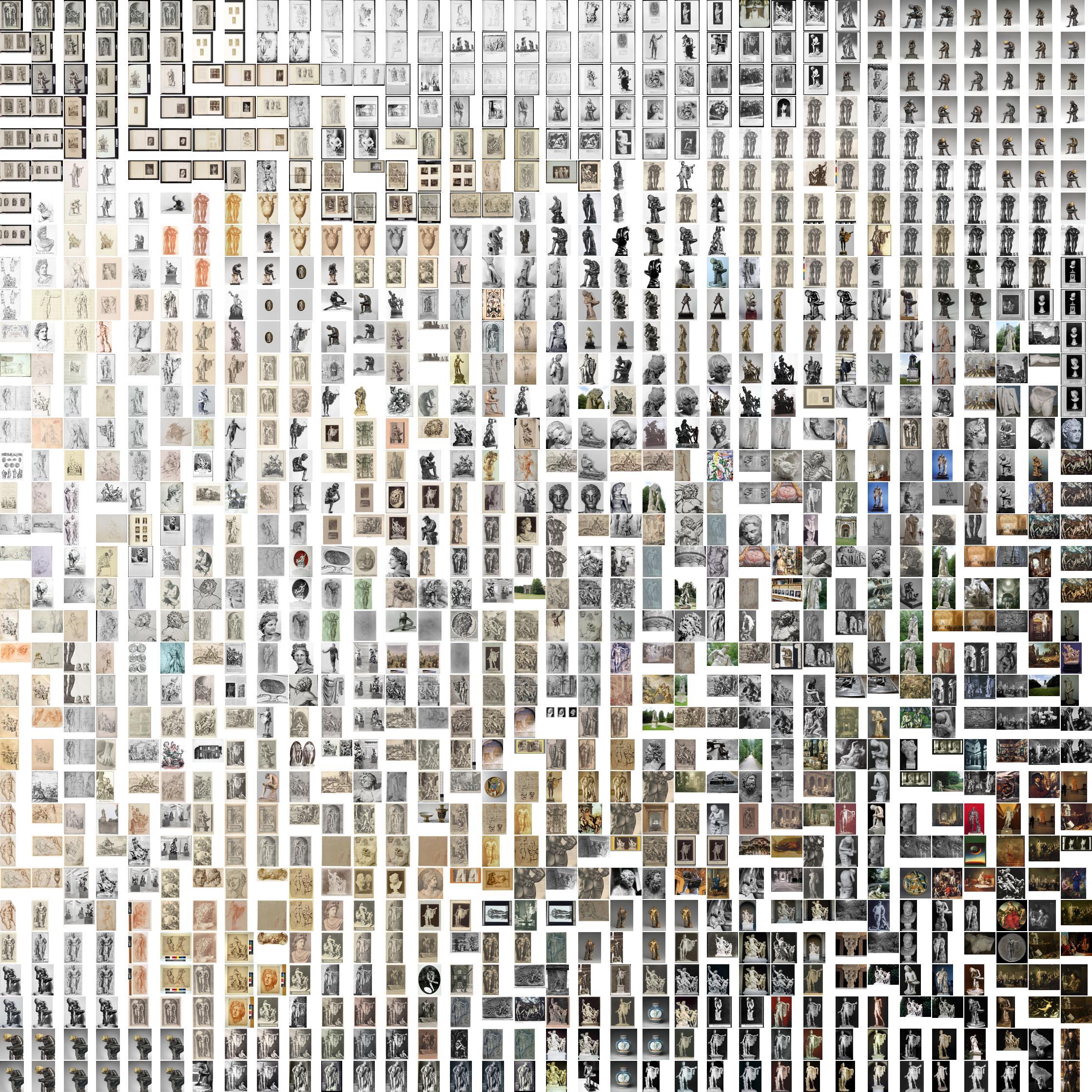 An array of thumbnail images aranaged in a tightly knit square grid formation.