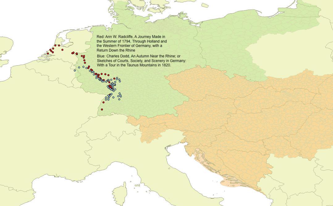Map of land masses with red circles and blue circles where certain areas of the map are shaded green or orange