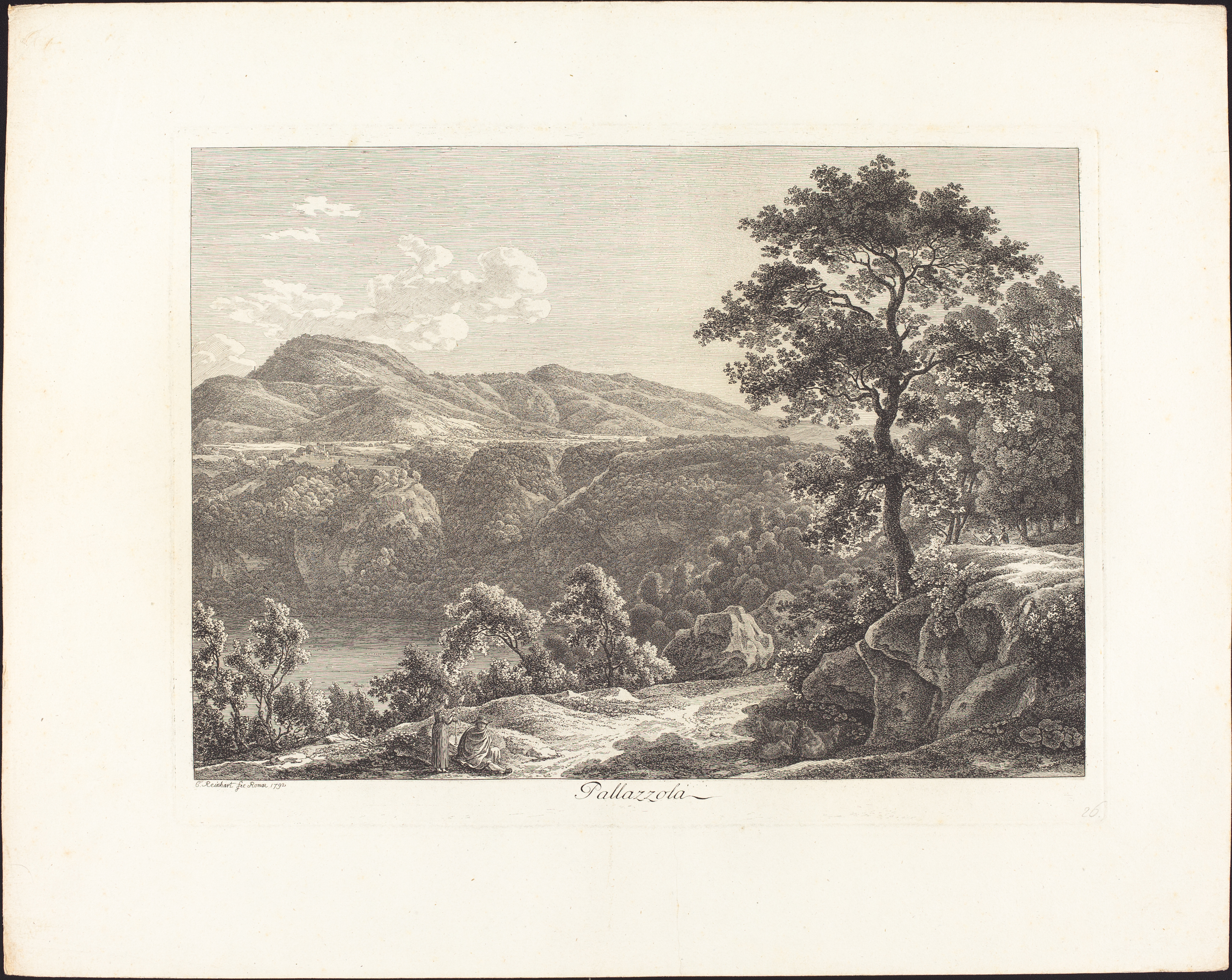 Black and white drawing of a landscape with a tree at the foreground