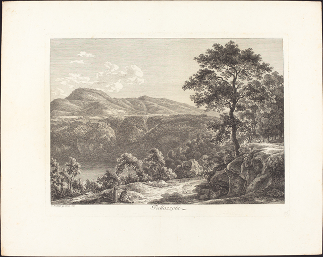 Black and white drawing of a landscape with a tree at the foreground
