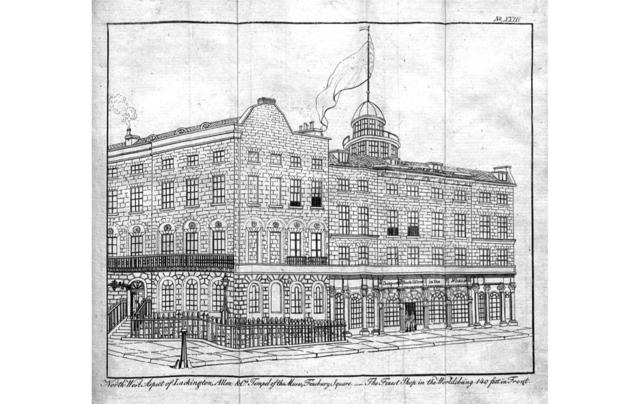 Drawing with darkly drawn black lines of a building on a street corner