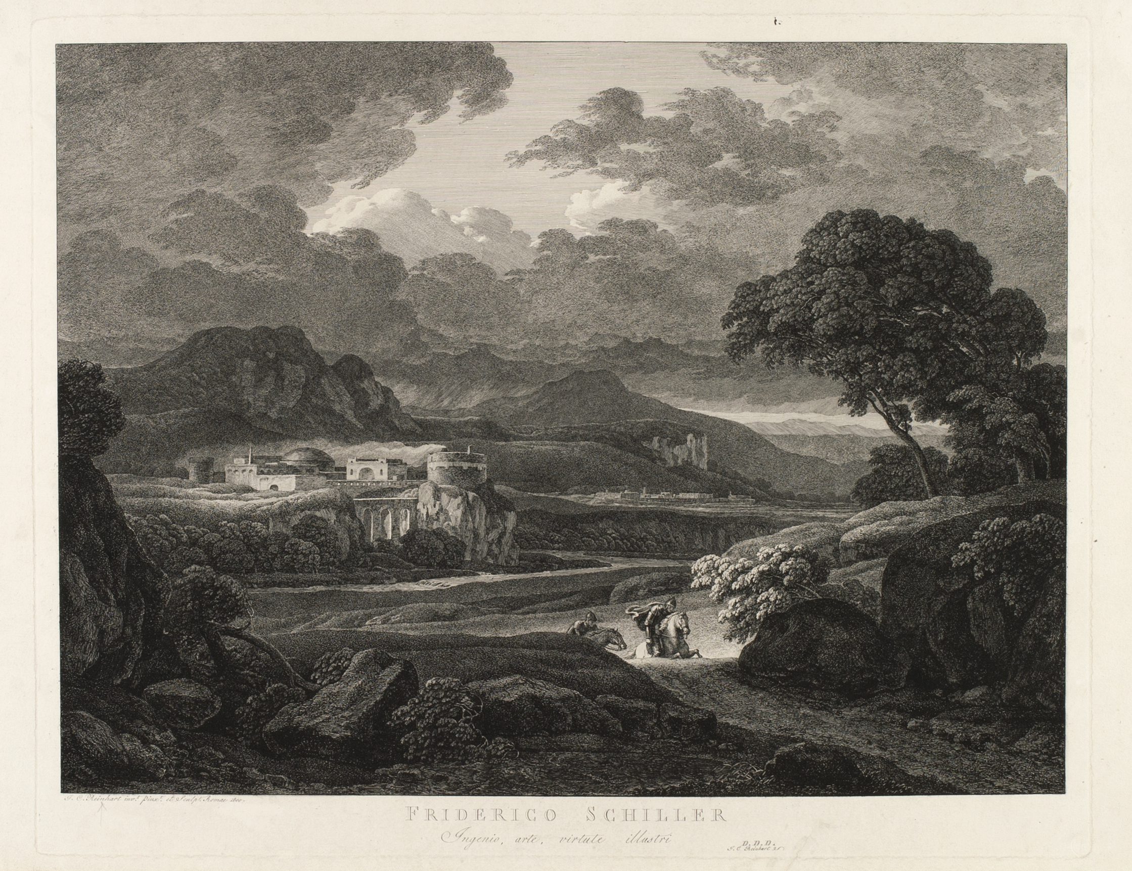 Black and white drawing of a landscape with figures and horses at the foreground and building in the background