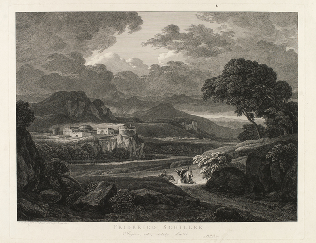 Black and white drawing of a landscape with figures and horses at the foreground and building in the background