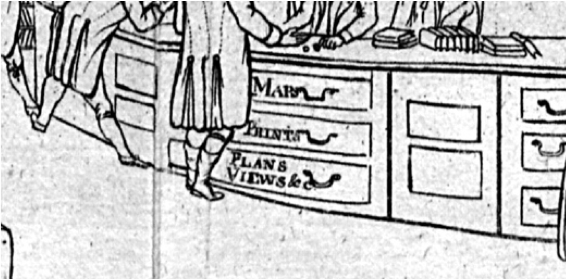 A snapshot of a drawing focusing only on a cabinet with the shelves labeled