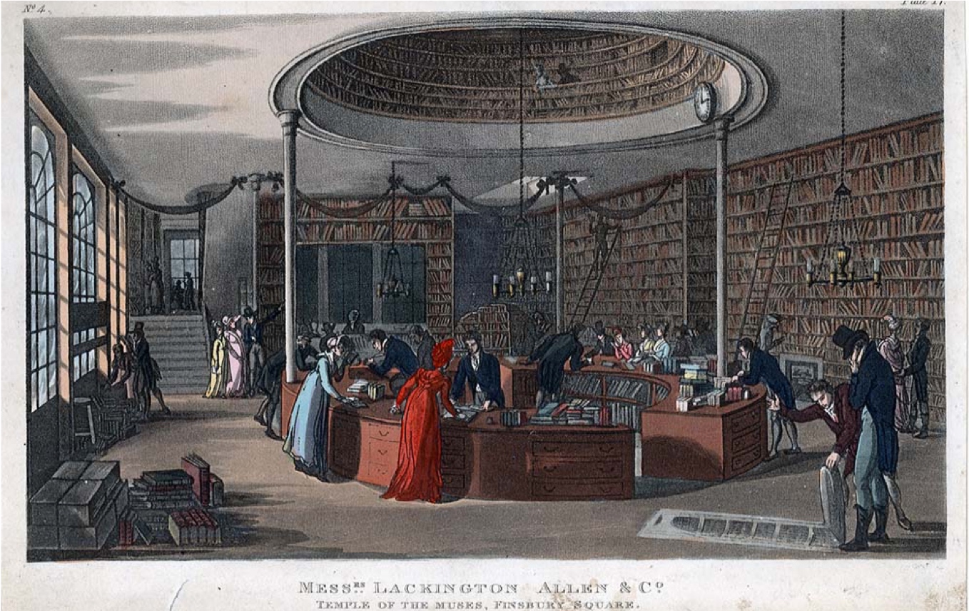 Colored painting of the interior of a building with people and many books on shelves