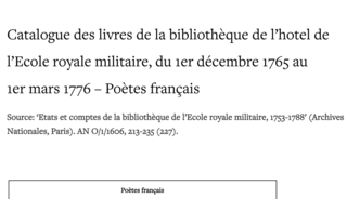Cover of Appendix 4: Catalogue des livres de la Bibliothèque de l’hotel de l’Ecole royale militaire, du 1er décembre 1765 au 1er mars 1776