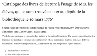 Cover of Appendix 5: Catalogue des livres de lecture à l’usage de Mrs. les élèves, qui se sont trouvé exister au dépôt de la bibliothèque le 10 mars 1776