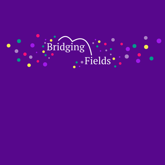 The words “bridging fields” in white text on a royal purple background. The words are offset from one another, with a white line bouncing from the top of each “i” in the letters. Yellow, magenta, purple, and teal dots surround the words, getting larger and further apart as they move away from the center of the image.