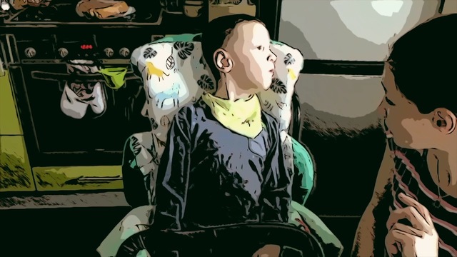 Ivan, an eight year-old boy, sits in his chair in the kitchen, his head and eyes looking to the rights, outside the window to talk about his school teacher (a person from the "outside"). His mother sits by his right side and looks at him