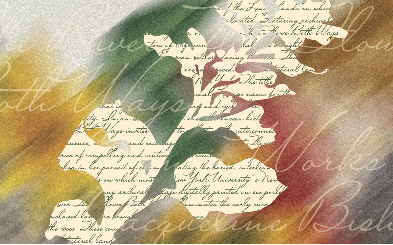 Outline of leaf branch against a multicolored background overlaid with faint cursive handwriting
