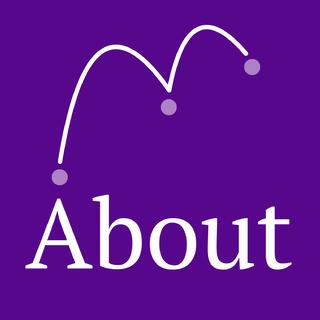 Text reading “About” in white is at the bottom edge of the image, on a royal purple background. A white curved line bounces off of three circles in a lighter purple starting at the bottom left of the image, above the A in about, and ending at the upper right corner.