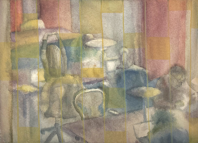 A depiction of the Bobst Library's study space, featuring soft tones. Reddish-brown hues echo the library's exterior, with elements of its interior walls blending transparently into the scene.