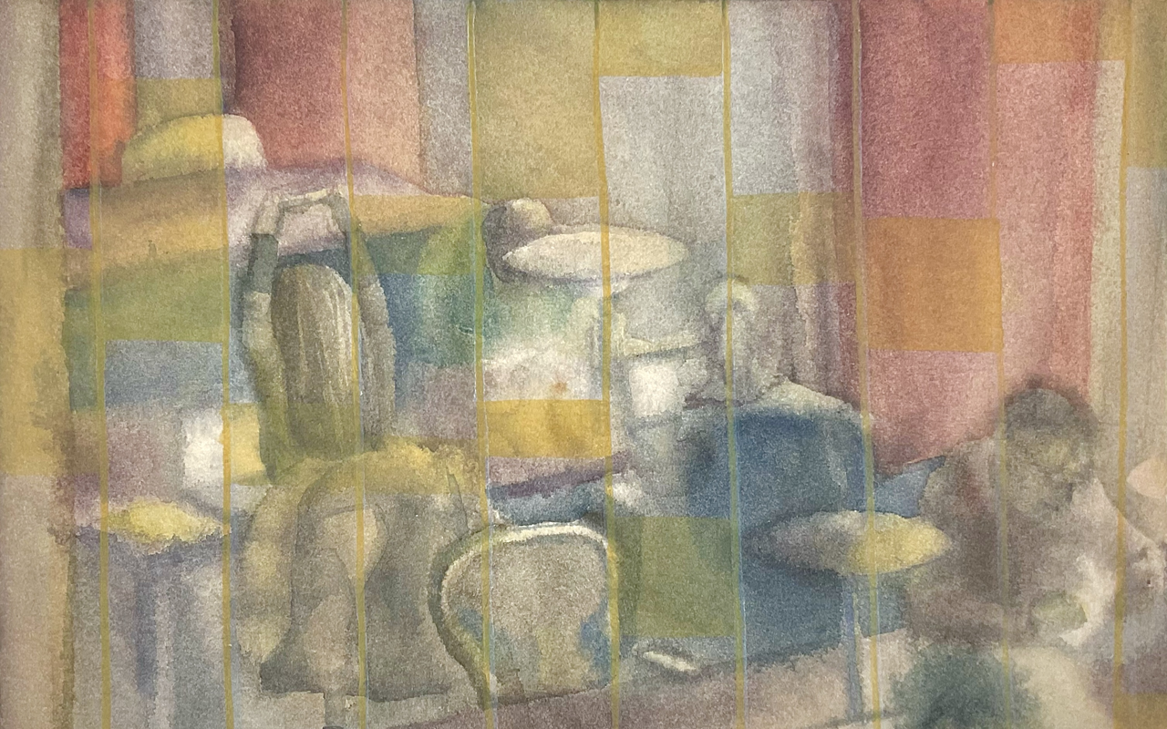 A depiction of the Bobst Library's study space, featuring soft tones. Reddish-brown hues echo the library's exterior, with elements of its interior walls blending transparently into the scene.