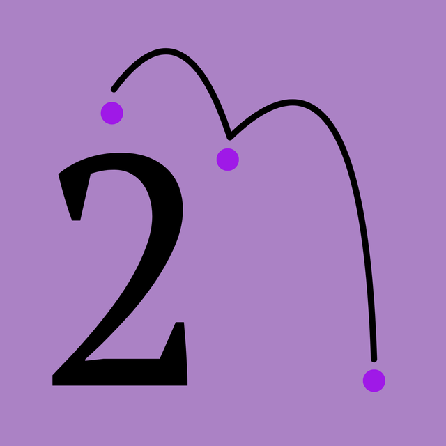 Number 2 in the image bottom left corner, accompanied by a curved line that bounces off of three circles, starting at the top left of the image and ending at the bottom right. The number and the line are black, the background and circles are in complementary shades of purple.