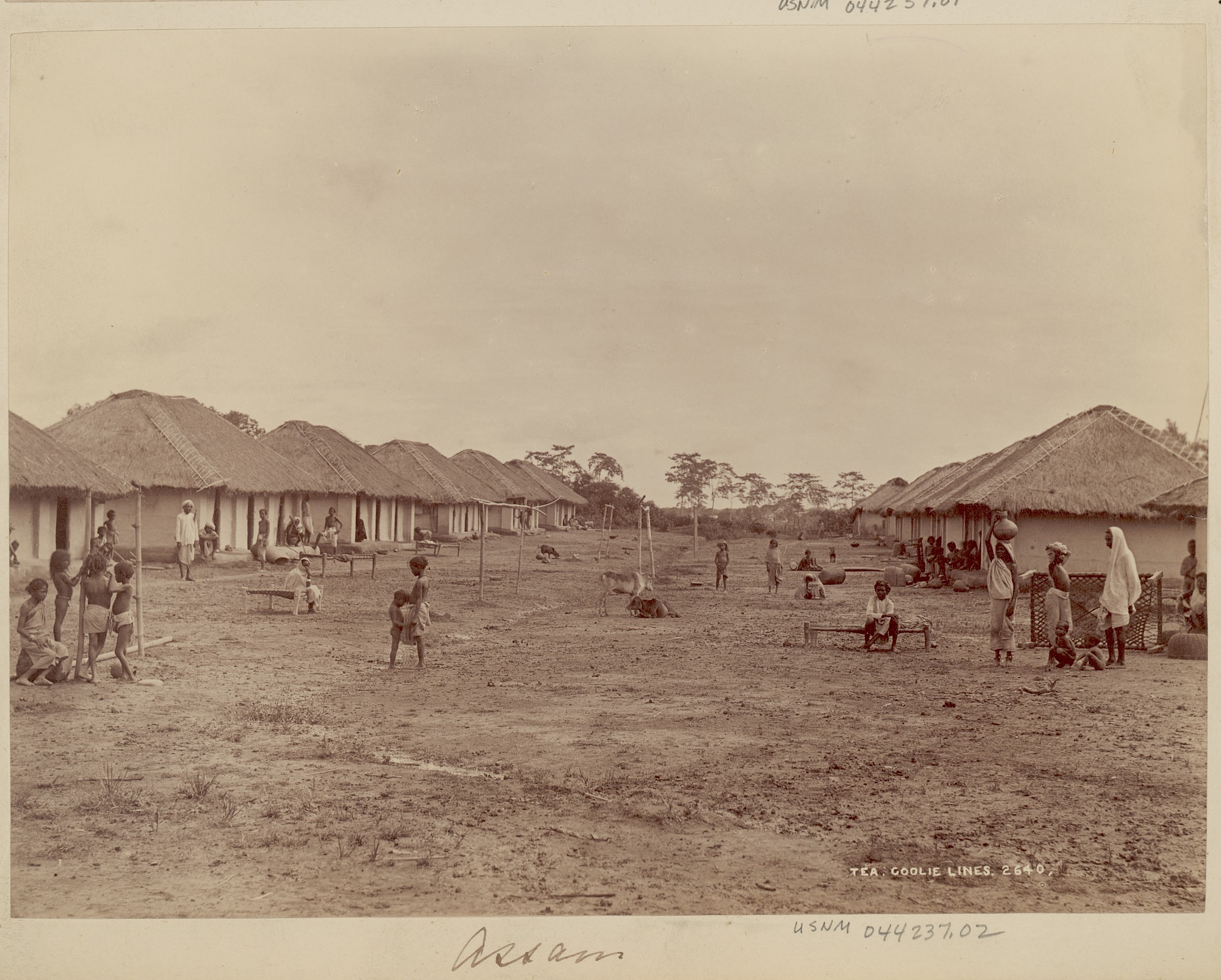 Empty field with a row of large huts on each side as people sit and walk between them.