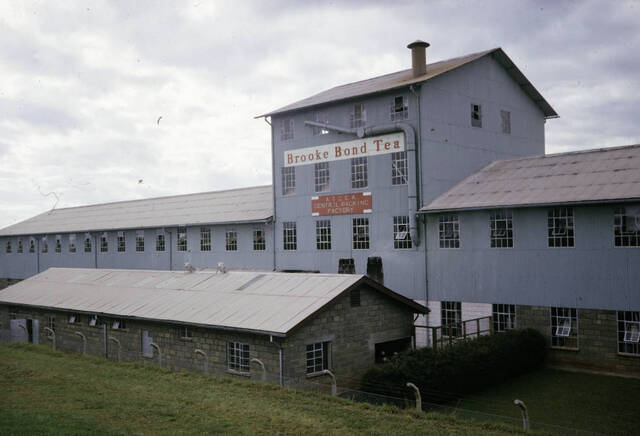 Three story blue building with a smaller cobblestone building in front of it.