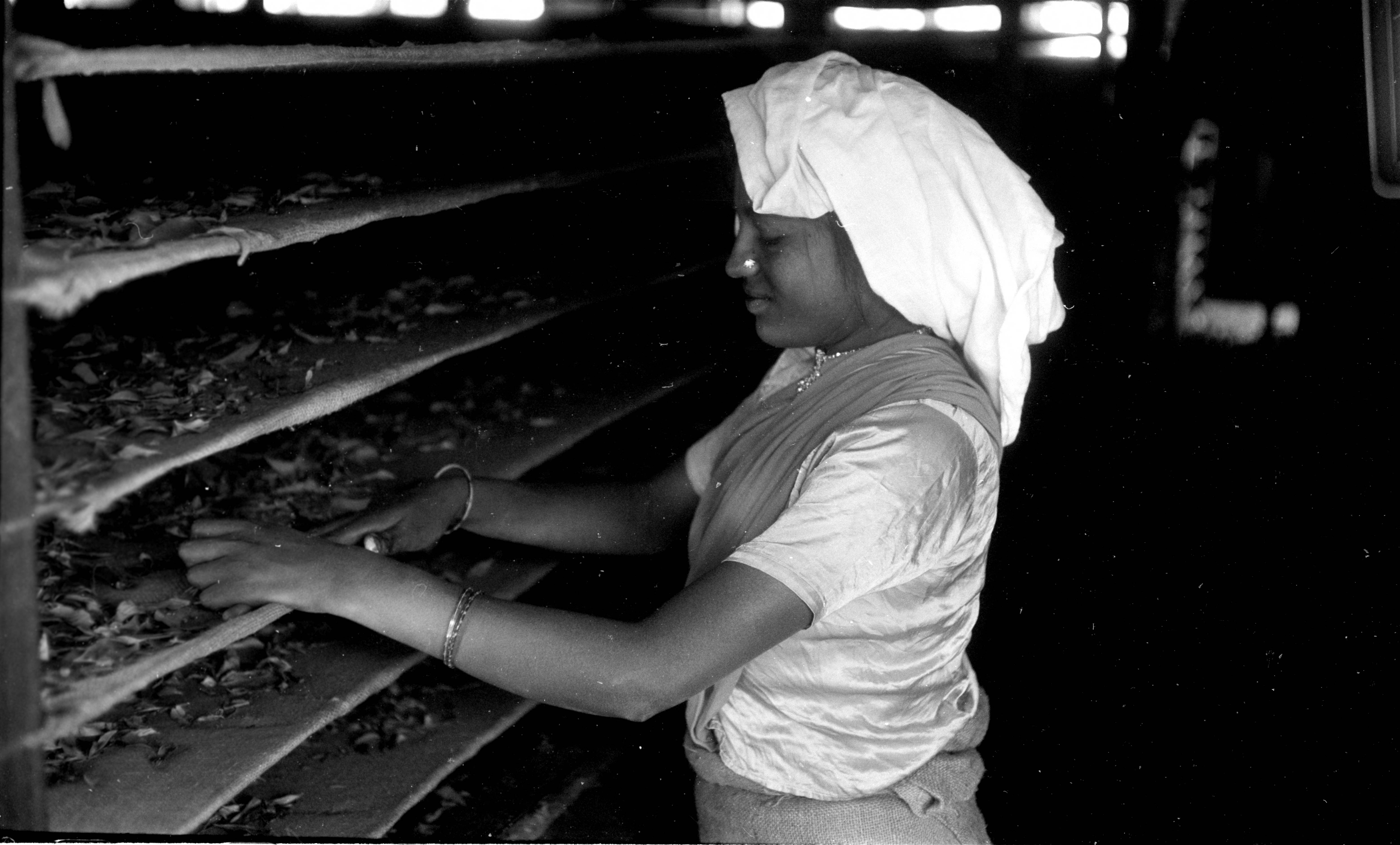 Woman with white head covering stands before shelves holding tea leaves.