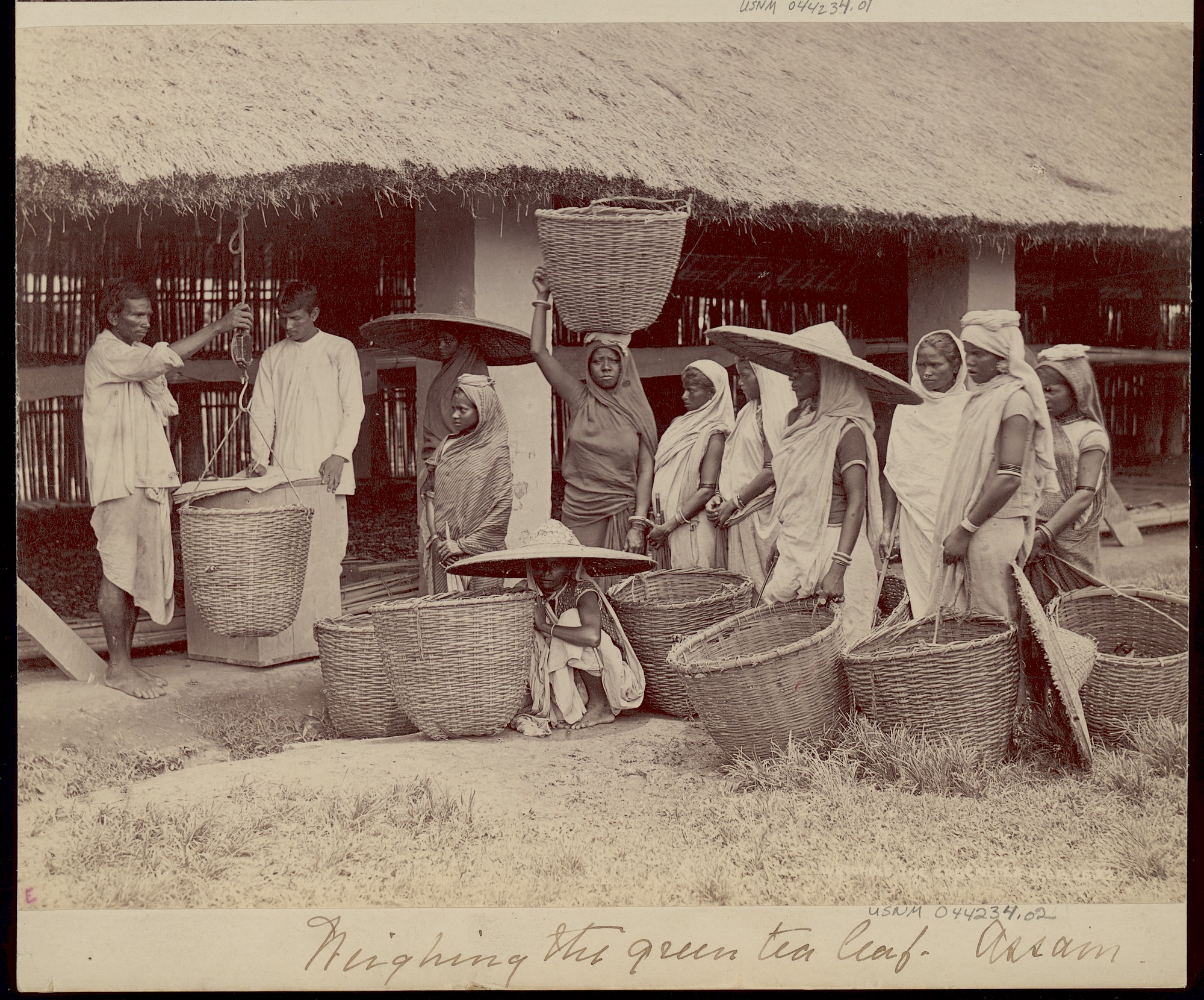 Eight women stand in line holding large woven baskets filled with tea leaves as they wait for the tea to be weighed by two men.