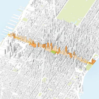 This image highlights the variety of density along 42nd Street as well as the prominent buildings along it 