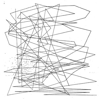 Black-and-white abstract digital artwork composed of overlapping angular lines and irregular polygonal shapes layered chaotically across the canvas.