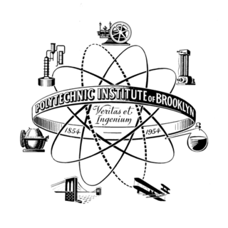 Centennial emblem of the Polytechnic Institute of Brooklyn with science and engineering symbols.