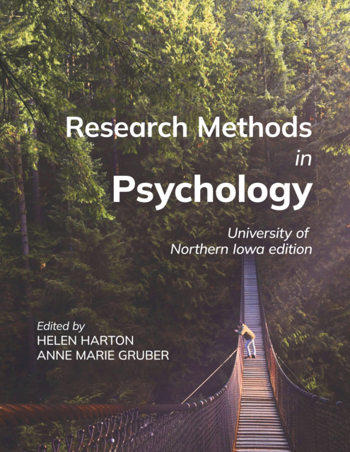 book cover with person on a long hanging bridge in a wooded area. Book title is Research Methods in Psychology, University of Northern Iowa edition