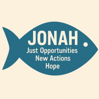 A blue fish with white wording which reads "JONAH: Just Opportunities, New Actions, Hope"