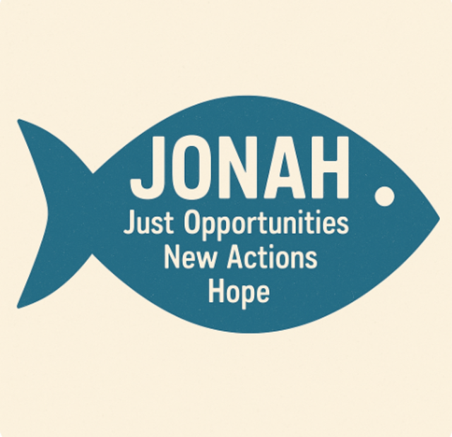 A blue fish with white text that reads "JONAH, Just Opportunities, New Actions, Hope"