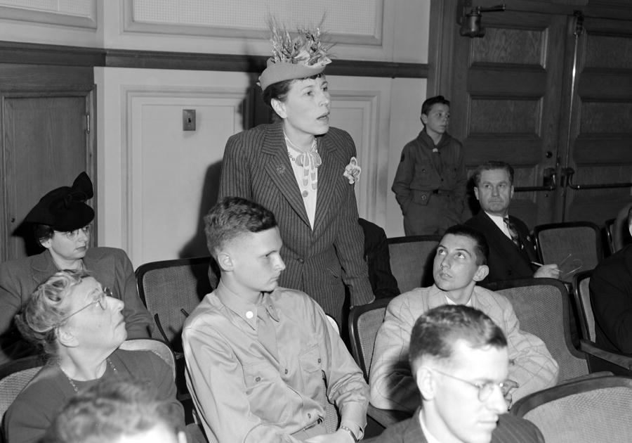 Dorothy Detzer of the Women’s International League for Peace and Freedom questions speaker, 1945