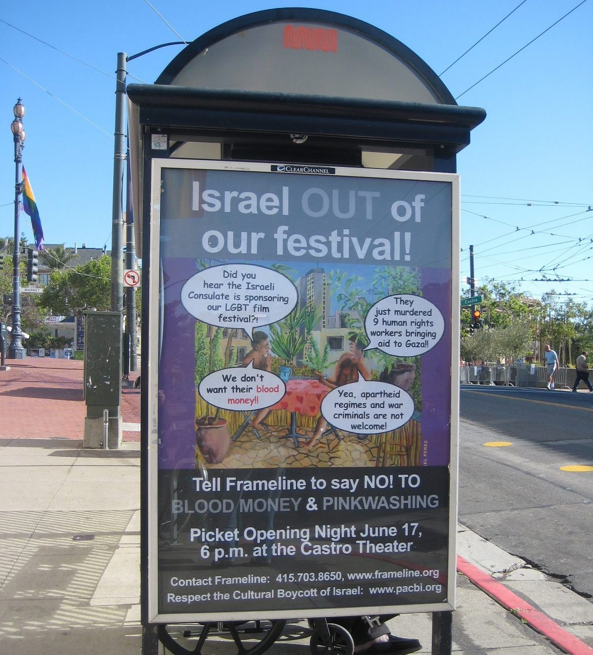 “No Pinkwashing” sign on bus shelter in San Francisco