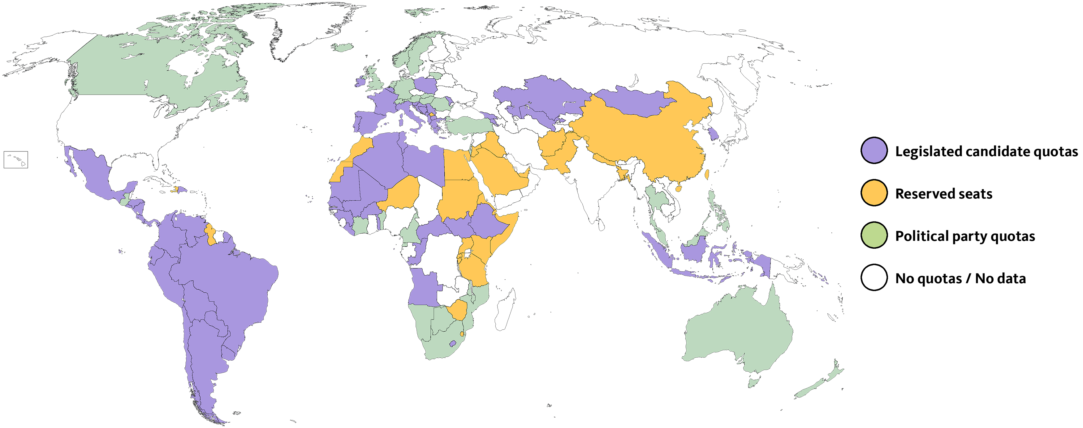 Countries with gender quotas in 2021. Data for single or lower house. Source: current data at idea.int/data-tools/data/gender-quotas
