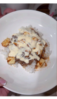Bowl of a rice dish covered in white cheese