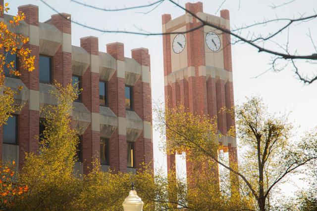 Bizzell Memorial Library west entrance clock tower