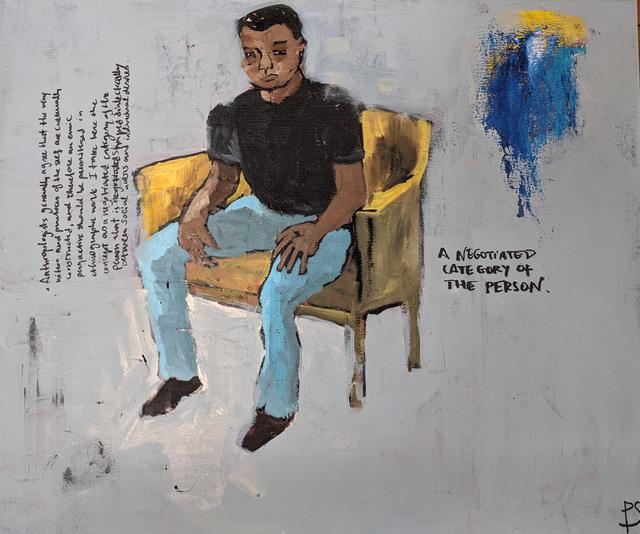 A man sitting on a chair lost in thought. There are some written notes on the canvas.