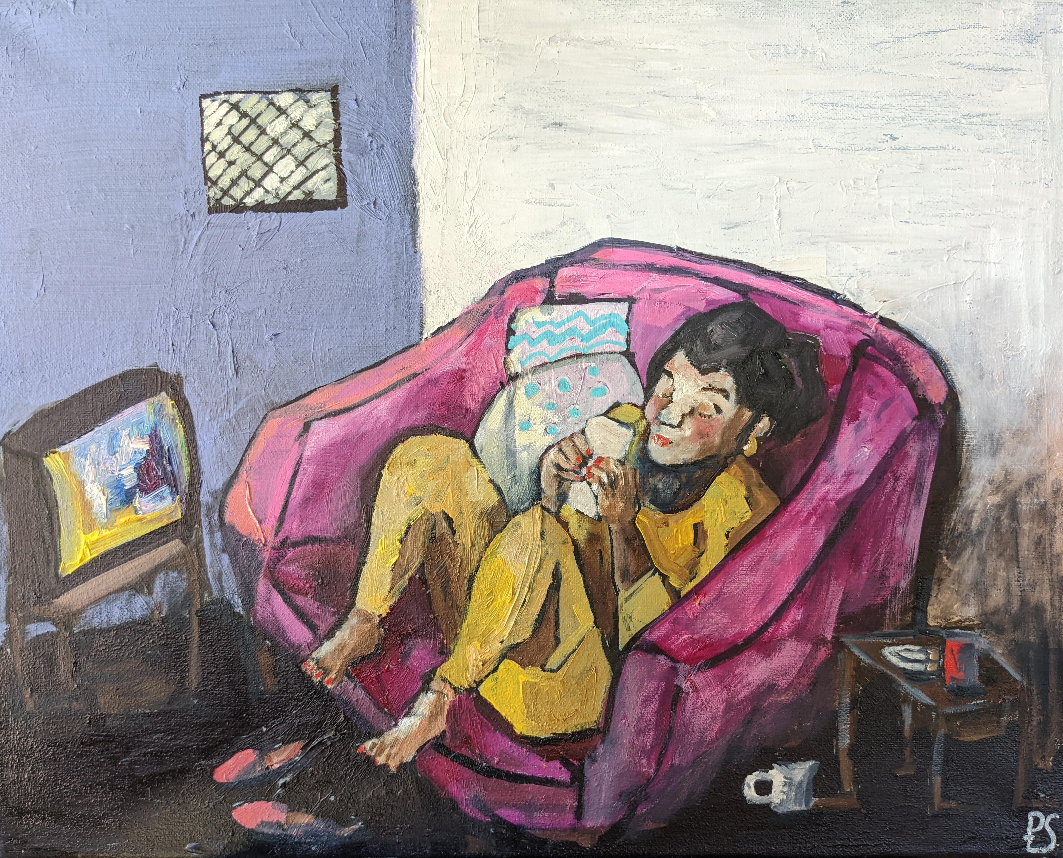 A woman sitting on the sofa of her house, playing on her phone. A TV is turned on in front of her.