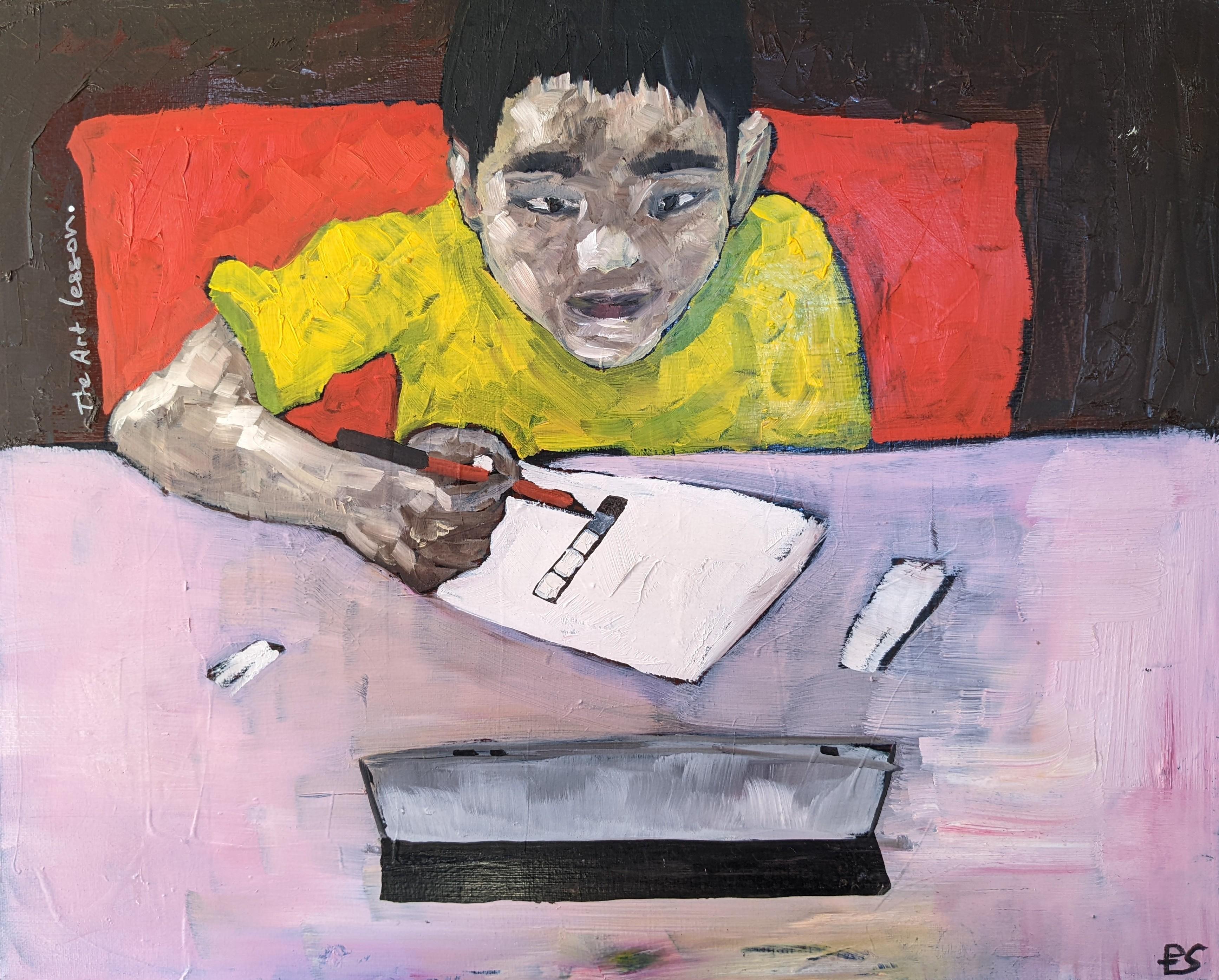 An oil portrait of a Nepalese child in a yellow shirt sitting at a white table in a red chair, completing a homework assignment against a black background. 