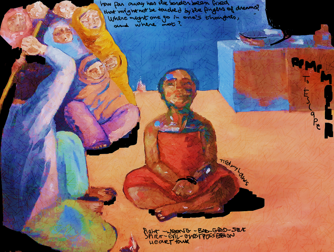 A woman undergoing a ritual of exorcism. She is sitting cross-legged, looking at the viewer while a shaman beats her with a stick and women observes from the distance. There are some written notes on the canvas.