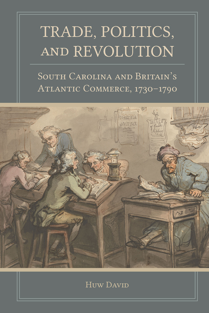 Five colonial men sit at writing desks on a blue-grey background. Light tan title and subtitle above and author name below. 