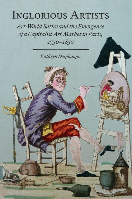 A hand-colored etching depicting a bedraggled artist sitting before an easel and oval-shaped canvas in a shabby studio. In his right hand he holds a paintbrush to the canvas, while glancing outward over his shoulder.